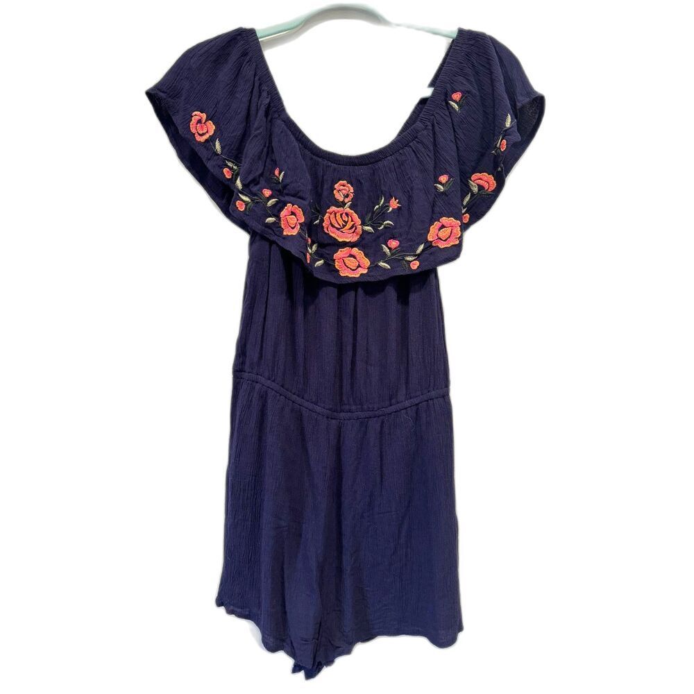 DizzyLizzy Romper Women sz Small Embroidered Shorts Navy Floral Prep Rayon